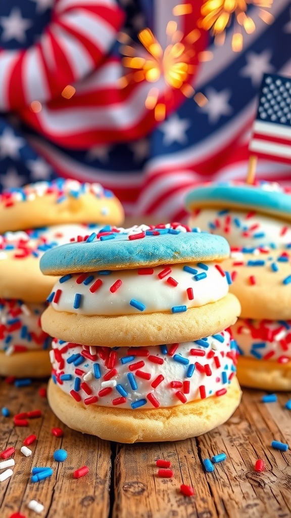 Festive July 4th ice cream sandwiches with colorful sprinkles on a wooden table, decorated for Independence Day.
